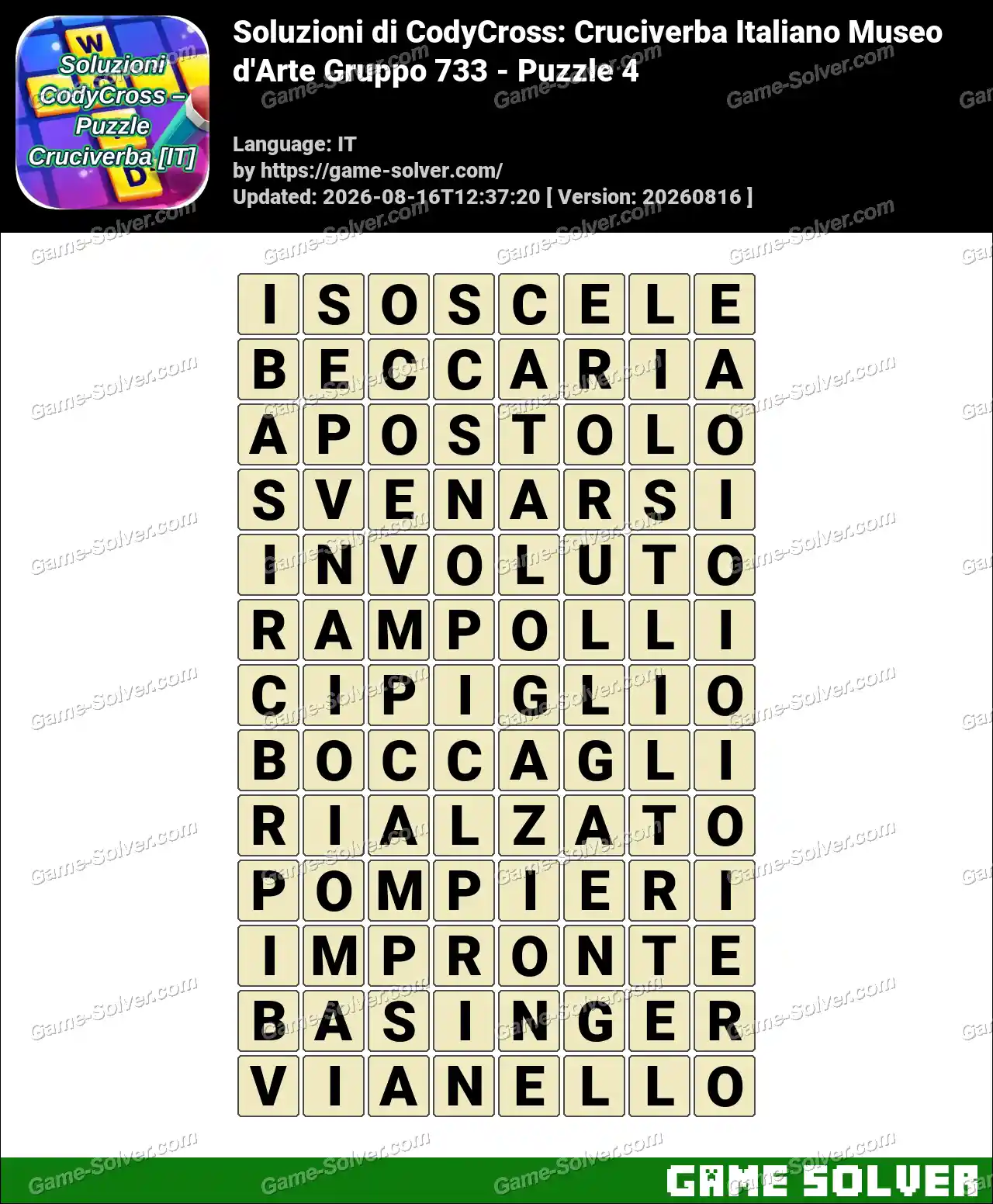 Soluzioni di CodyCross: Cruciverba Italiano Museo d’Arte Gruppo 733 – Puzzle 4